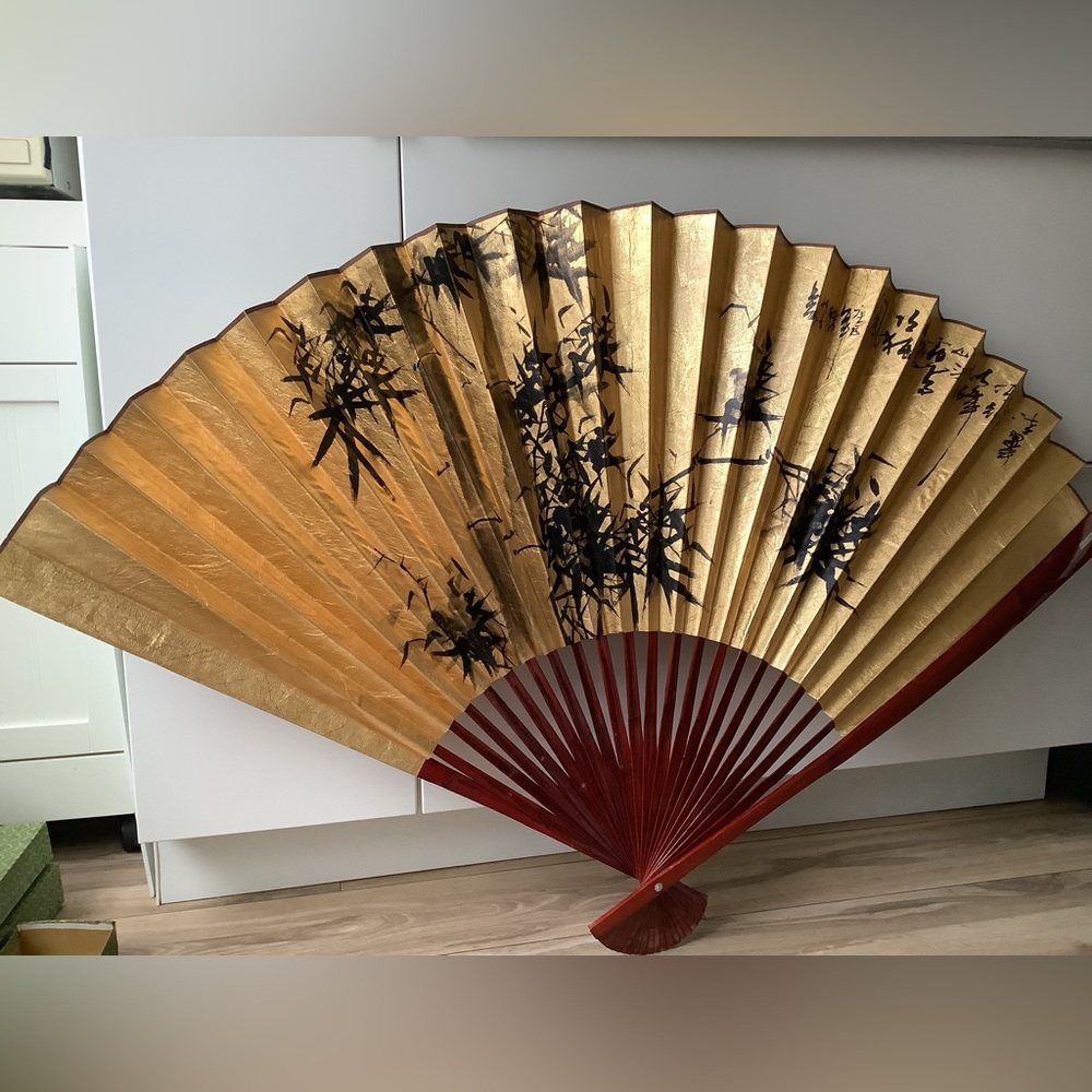 New Bamboo Wall Fan Vintage Handpainted - Picture 2 of 6
